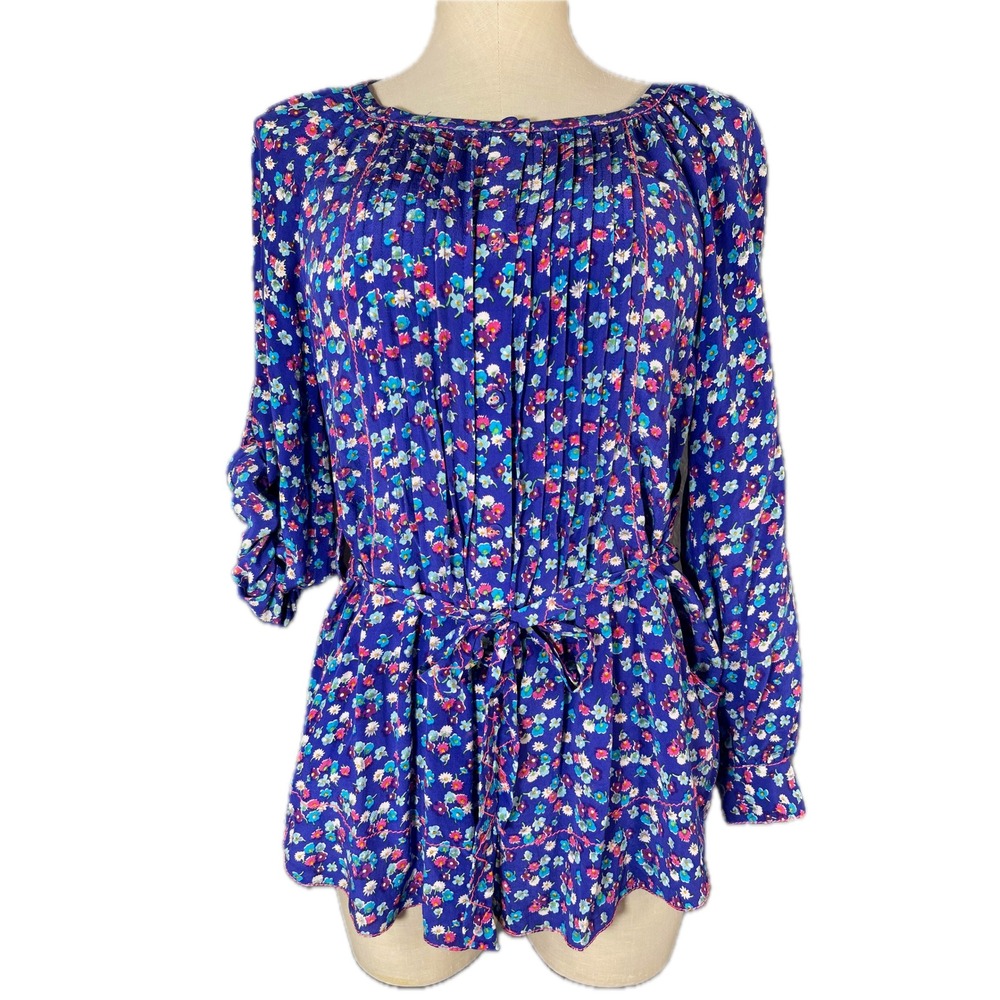 Rebecca Taylor Floral Silk Tunic Blouse 0 Purple Boho Pleated Waist Tie Pockets